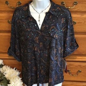 Navy Sequin Paisley Blouse By Cathy NWT